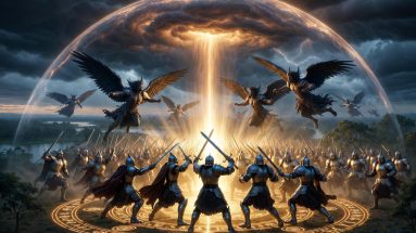 Epic spiritual warfare scene: armoured Christian warriors with raised swords forming a circle of glowing runes, a massive golden dome of divine protection shielding Burpengary and Moreton Bay region from a violent storm, dark angels being driven back by beams of heavenly light, trees and rivers safe under God’s shield.