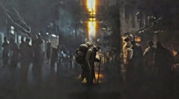 Weary burdened wanderer walking through dark Kowloon Walled City streets toward a beam of divine light