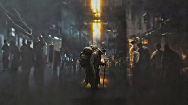 Weary burdened wanderer walking through dark Kowloon Walled City streets toward a beam of divine light