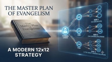 The Master Plan of Evangelism book next to a digital 12x12 Hub-and-Spoke growth diagram for apostolic ministry strategy.
