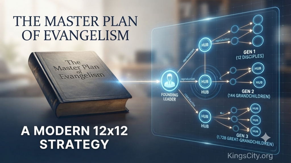 The Master Plan of Evangelism book next to a digital 12x12 Hub-and-Spoke growth diagram for apostolic ministry strategy.